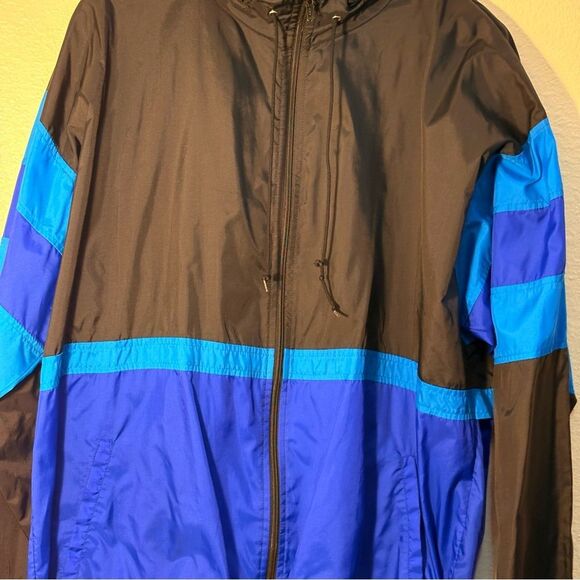 Cheetah Vintage Black Blue  Windbreaker Men L Full Zip Vinted Pockets Hood. - Picture 4 of 12